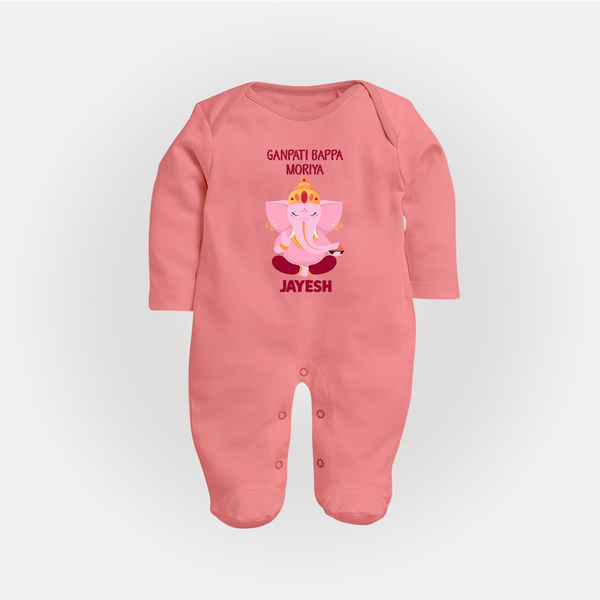 Ganpati Bappa Morya Festive Blessings Printed Fullbody Suit - PEACH - New Born (Chest 7.5")