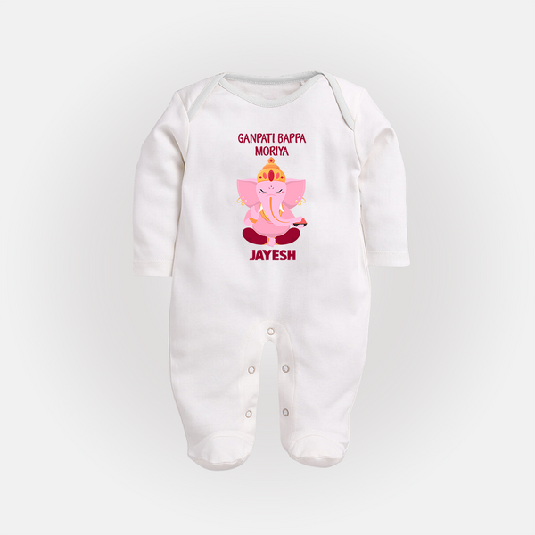 Ganpati Bappa Morya Festive Blessings Printed Fullbody Suit - WHITE - New Born (Chest 7.5")