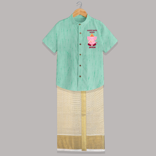 Ganpati Bappa Morya Cute Festive Printed Shirt and Dhoti - AQUA GREEN - 0 - 6 Months Old (Chest-23") (Dhoti length-14")