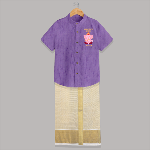 Ganpati Bappa Morya Cute Festive Printed Shirt and Dhoti - ROYAL PURPLE - 0 - 6 Months Old (Chest-23") (Dhoti length-14")