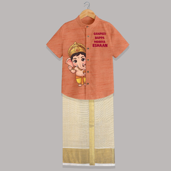 Ganpati Bappa Morya Cute Blessings Printed Shirt and Dhoti - ORANGE - 0 - 6 Months Old (Chest-23") (Dhoti length-14")