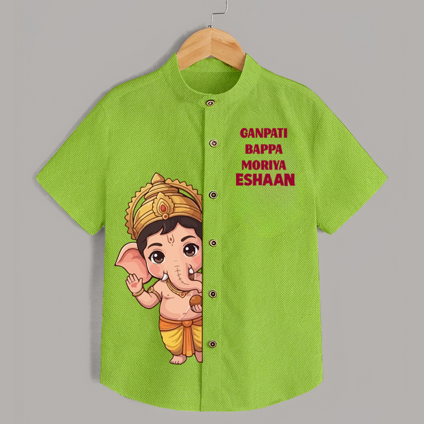 Ganpati Bappa Morya Divine Blessings Printed Kids Shirt - LIME GREEN - 0 - 6 Months Old (Chest 23")