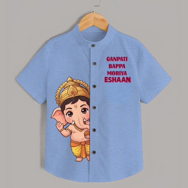 Ganpati Bappa Morya Divine Blessings Printed Kids Shirt - SKY BLUE - 0 - 6 Months Old (Chest 23")