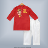 Ganpati Bappa Morya Cute Blessings Printed Kurta Set - RED - 3 - 6 Months Old (Chest 24", Kurta Length 14'', Waist 19", Pant Length 14")