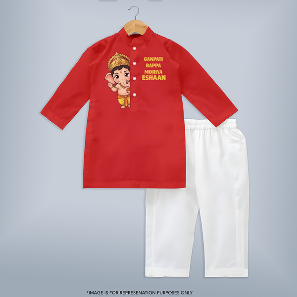Ganpati Bappa Morya Cute Blessings Printed Kurta Set - RED - 3 - 6 Months Old (Chest 24", Kurta Length 14'', Waist 19", Pant Length 14")