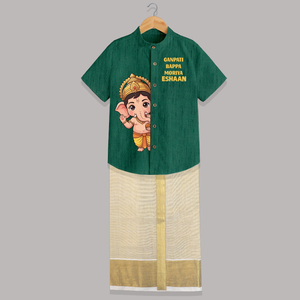 Ganpati Bappa Morya Cute Blessings Printed Shirt and Dhoti - DARK GREEN - 0 - 6 Months Old (Chest-23") (Dhoti length-14")