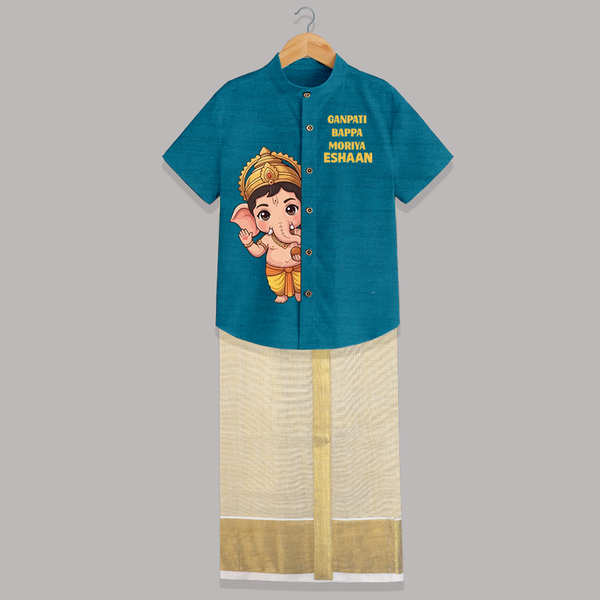 Ganpati Bappa Morya Cute Blessings Printed Shirt and Dhoti - PEACOCK BLUE - 0 - 6 Months Old (Chest-23") (Dhoti length-14")