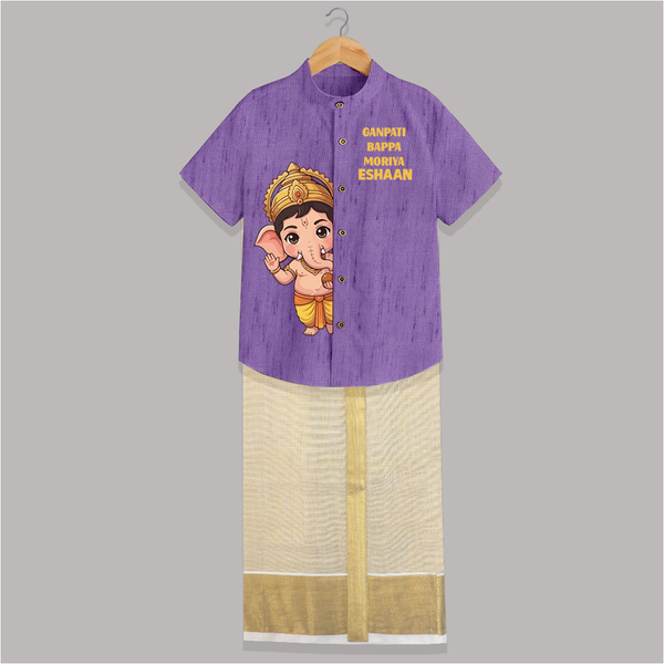 Ganpati Bappa Morya Cute Blessings Printed Shirt and Dhoti - ROYAL PURPLE - 0 - 6 Months Old (Chest-23") (Dhoti length-14")