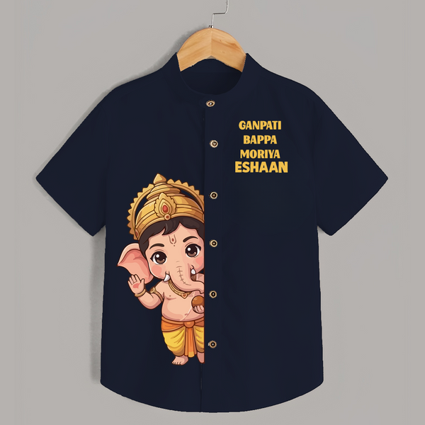 Ganpati Bappa Morya Divine Blessings Printed Kids Shirt - NAVY BLUE - 0 - 6 Months Old (Chest 23")