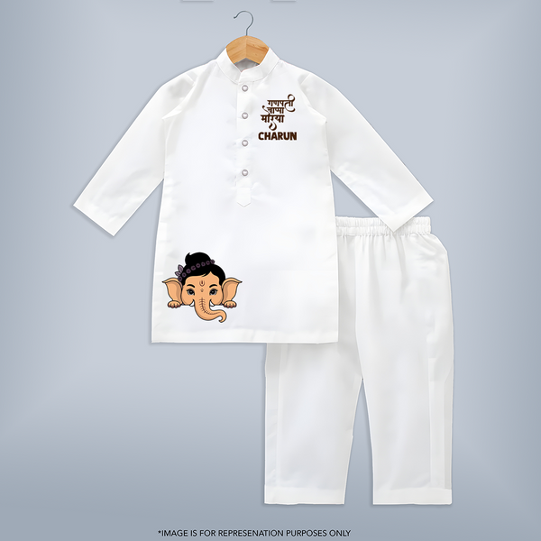Little Ganesha Peekaboo Charm Printed Kurta Set - WHITE - 3 - 6 Months Old (Chest 24", Kurta Length 14'', Waist 19", Pant Length 14")