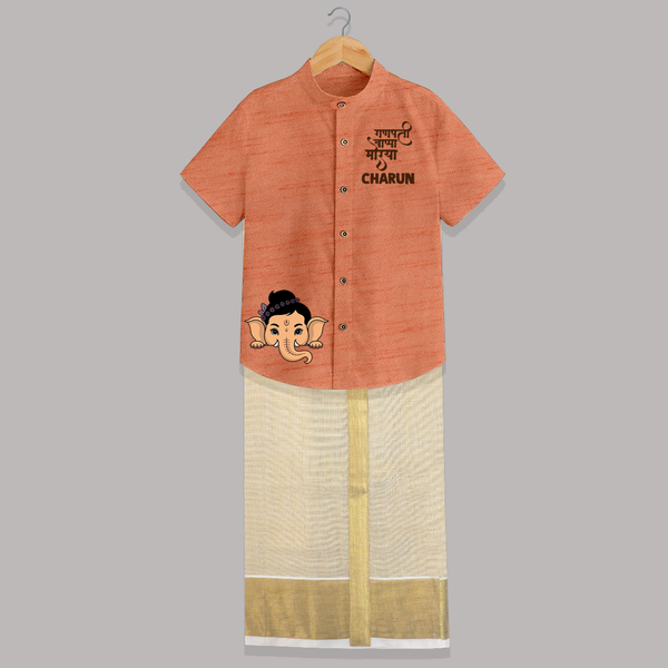 Little Ganesha Peekaboo Charm Printed Shirt and Dhoti - ORANGE - 0 - 6 Months Old (Chest-23") (Dhoti length-14")