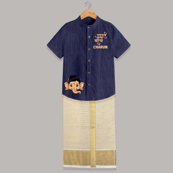 Little Ganesha Peekaboo Charm Printed Shirt and Dhoti - DARK BLUE - 0 - 6 Months Old (Chest-23") (Dhoti length-14")