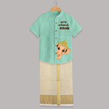 Cute Bal Ganesh Peekaboo Celebration Printed Shirt and Dhoti - AQUA GREEN - 0 - 6 Months Old (Chest-23") (Dhoti length-14")