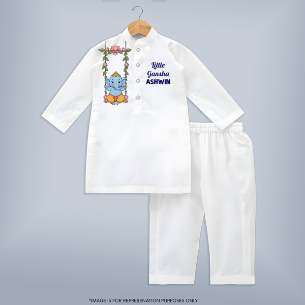 Little Ganesha Swinging Joy Printed Kurta Set - WHITE - 3 - 6 Months Old (Chest 24", Kurta Length 14'', Waist 19", Pant Length 14")