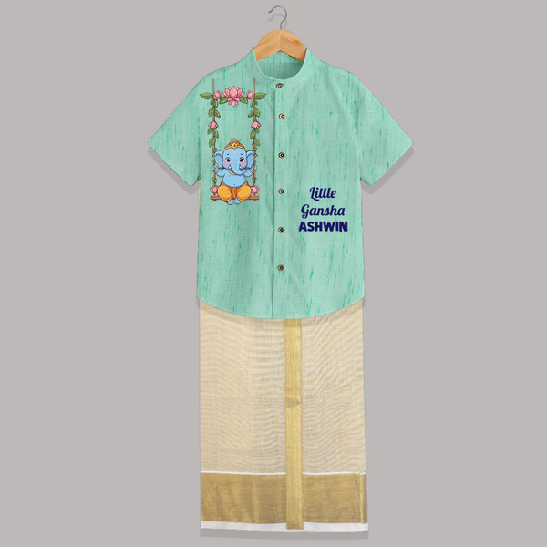 Little Ganesha Swinging Joy Printed Shirt and Dhoti - AQUA GREEN - 0 - 6 Months Old (Chest-23") (Dhoti length-14")