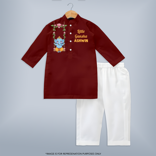 Little Ganesha Swinging Joy Printed Kurta Set - MAROON - 3 - 6 Months Old (Chest 24", Kurta Length 14'', Waist 19", Pant Length 14")