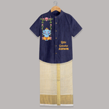 Little Ganesha Swinging Joy Printed Shirt and Dhoti - DARK BLUE - 0 - 6 Months Old (Chest-23") (Dhoti length-14")