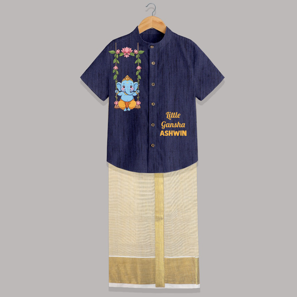 Little Ganesha Swinging Joy Printed Shirt and Dhoti - DARK BLUE - 0 - 6 Months Old (Chest-23") (Dhoti length-14")