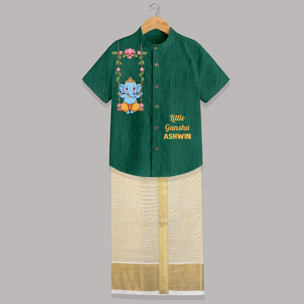 Little Ganesha Swinging Joy Printed Shirt and Dhoti - DARK GREEN - 0 - 6 Months Old (Chest-23") (Dhoti length-14")