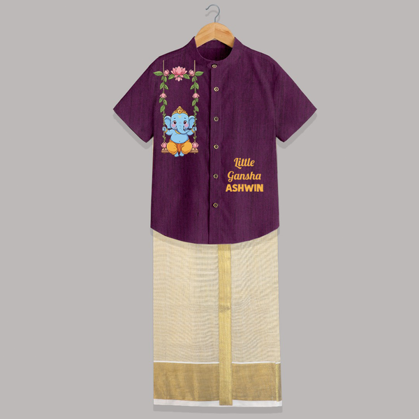 Little Ganesha Swinging Joy Printed Shirt and Dhoti - GRAPE - 0 - 6 Months Old (Chest-23") (Dhoti length-14")