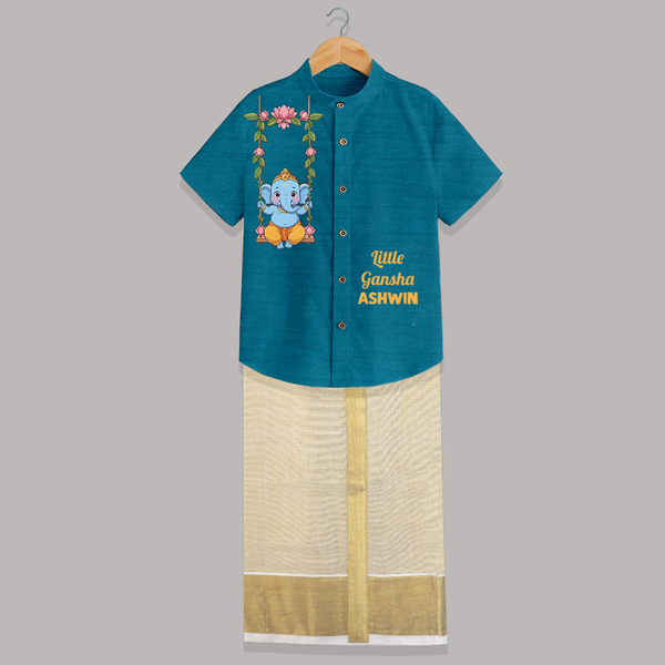 Little Ganesha Swinging Joy Printed Shirt and Dhoti - PEACOCK BLUE - 0 - 6 Months Old (Chest-23") (Dhoti length-14")