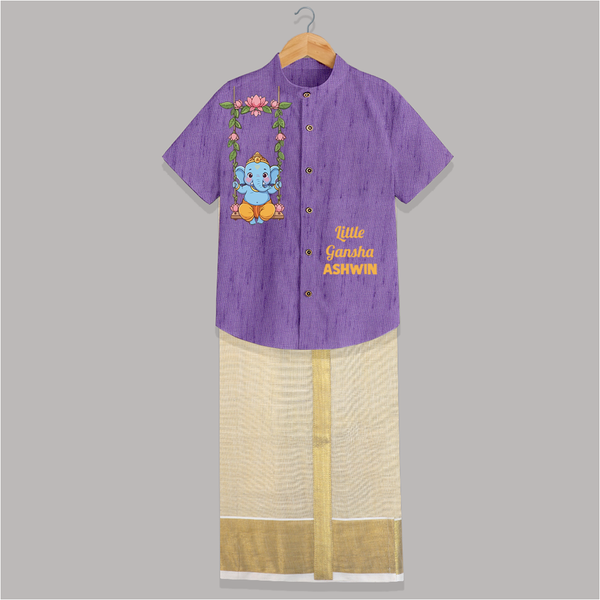 Little Ganesha Swinging Joy Printed Shirt and Dhoti - ROYAL PURPLE - 0 - 6 Months Old (Chest-23") (Dhoti length-14")