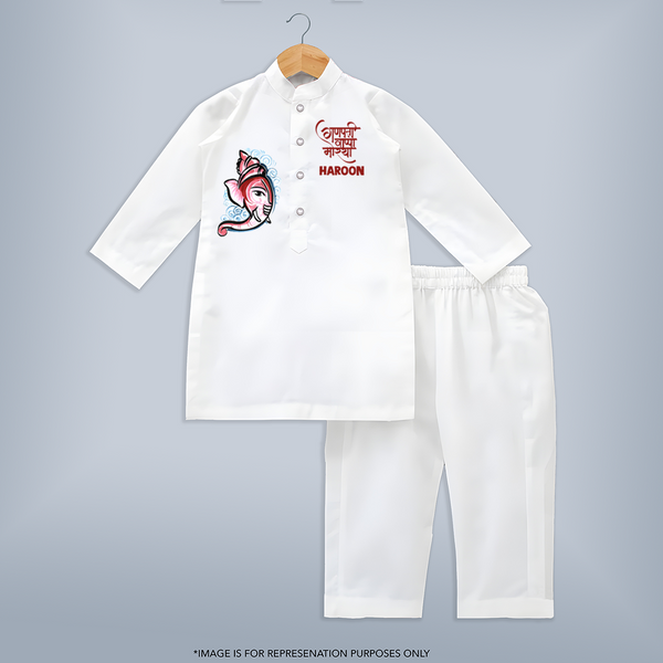 Little Ganesha Floral Frame Blessings Printed Kurta Set - WHITE - 3 - 6 Months Old (Chest 24", Kurta Length 14'', Waist 19", Pant Length 14")