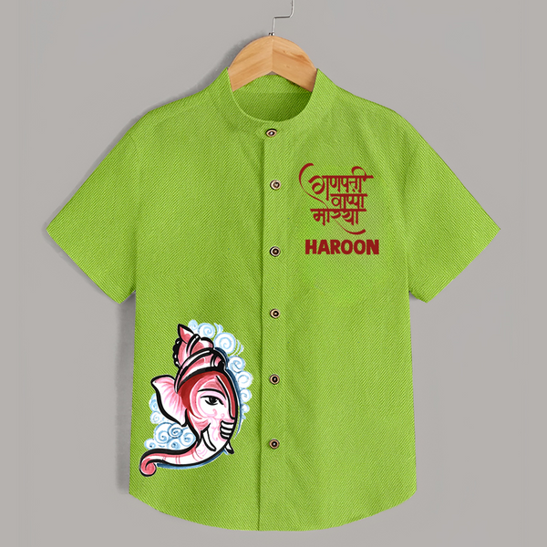 Baby Ganesha Lotus Garden Printed Kids Shirt - LIME GREEN - 0 - 6 Months Old (Chest 23")