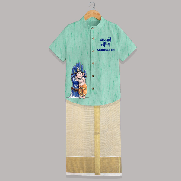 Ganpati Bappa Morya Artistic Devotion Printed Shirt and Dhoti - AQUA GREEN - 0 - 6 Months Old (Chest-23") (Dhoti length-14")