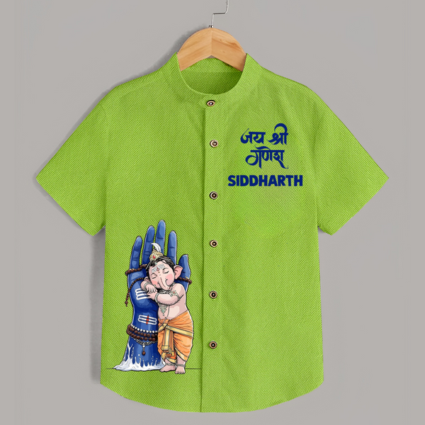 Modern Ganpati Devotion Artistic Printed Kids Shirt - LIME GREEN - 0 - 6 Months Old (Chest 23")