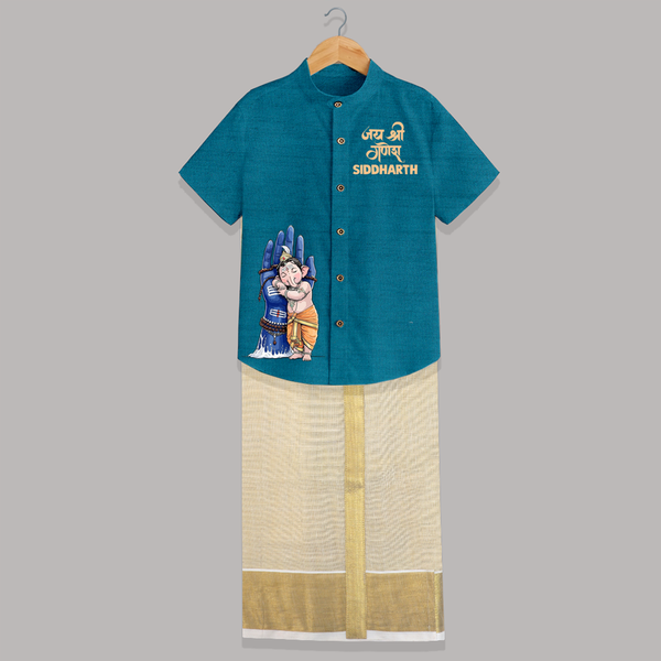 Ganpati Bappa Morya Artistic Devotion Printed Shirt and Dhoti - PEACOCK BLUE - 0 - 6 Months Old (Chest-23") (Dhoti length-14")
