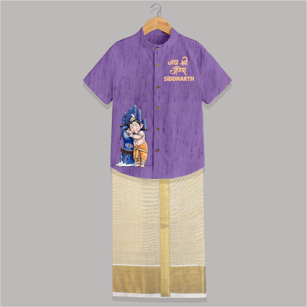 Ganpati Bappa Morya Artistic Devotion Printed Shirt and Dhoti - ROYAL PURPLE - 0 - 6 Months Old (Chest-23") (Dhoti length-14")