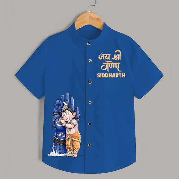 Modern Ganpati Devotion Artistic Printed Kids Shirt - COBALT BLUE - 0 - 6 Months Old (Chest 23")