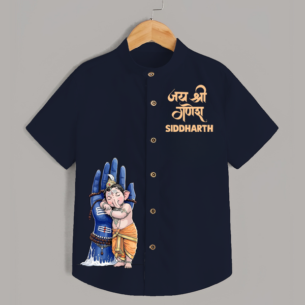 Modern Ganpati Devotion Artistic Printed Kids Shirt - NAVY BLUE - 0 - 6 Months Old (Chest 23")