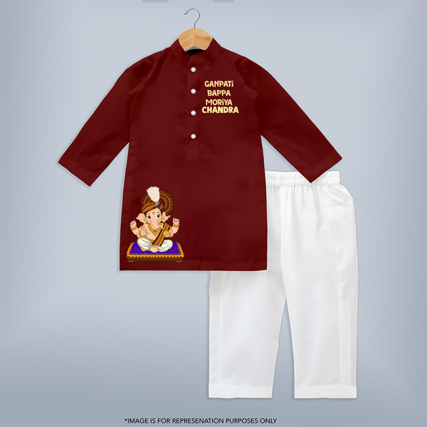 Jai Shri Ganesh Divine Blessings Printed Kurta Set - MAROON - 3 - 6 Months Old (Chest 24", Kurta Length 14'', Waist 19", Pant Length 14")