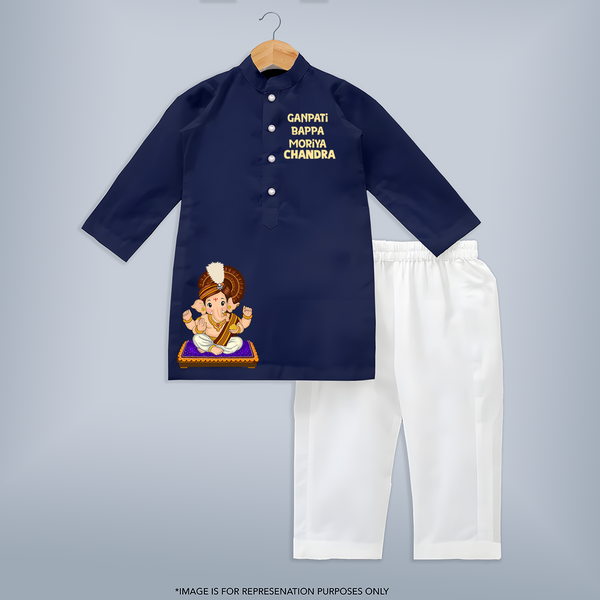 Jai Shri Ganesh Divine Blessings Printed Kurta Set - NAVY BLUE - 3 - 6 Months Old (Chest 24", Kurta Length 14'', Waist 19", Pant Length 14")