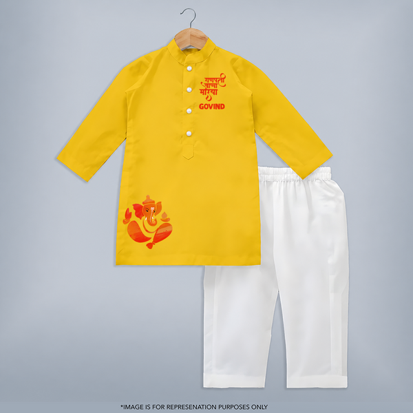 Ganpati Bappa Morya Traditional Celebration Printed Kurta Set - CHROME YELLOW - 3 - 6 Months Old (Chest 24", Kurta Length 14'', Waist 19", Pant Length 14")