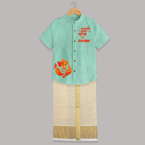 Ganpati Bappa Morya Traditional Celebration Printed Shirt and Dhoti - AQUA GREEN - 0 - 6 Months Old (Chest-23") (Dhoti length-14")