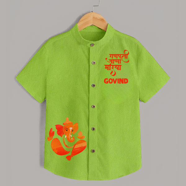 Ganpati Bappa Morya Festive Idol Printed Kids Shirt - LIME GREEN - 0 - 6 Months Old (Chest 23")