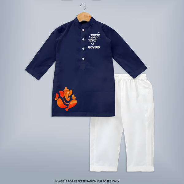 Ganpati Bappa Morya Traditional Celebration Printed Kurta Set - NAVY BLUE - 3 - 6 Months Old (Chest 24", Kurta Length 14'', Waist 19", Pant Length 14")