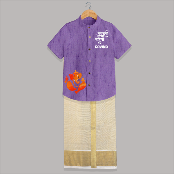 Ganpati Bappa Morya Traditional Celebration Printed Shirt and Dhoti - ROYAL PURPLE - 0 - 6 Months Old (Chest-23") (Dhoti length-14")