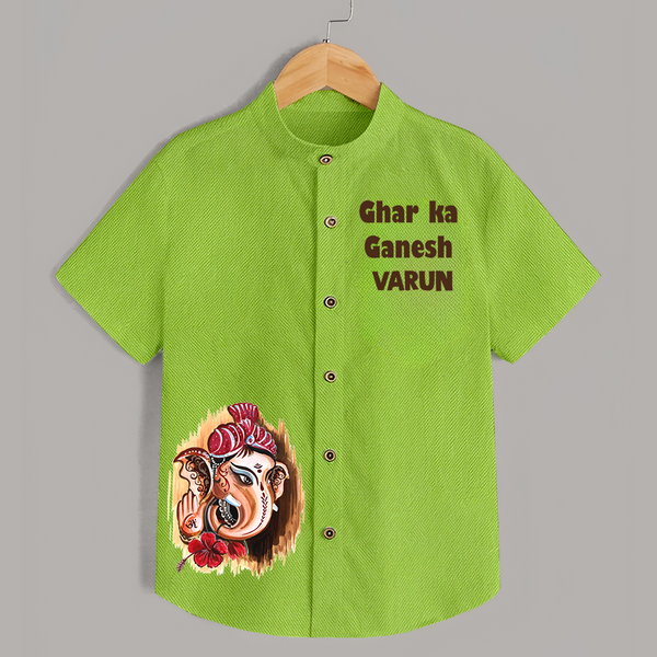 Ghar Ka Ganesh Artistic Blessings Printed Kids Shirt - LIME GREEN - 0 - 6 Months Old (Chest 23")