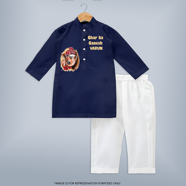 Ghar Ka Ganesh Artistic Devotion Printed Kurta Set - NAVY BLUE - 3 - 6 Months Old (Chest 24", Kurta Length 14'', Waist 19", Pant Length 14")