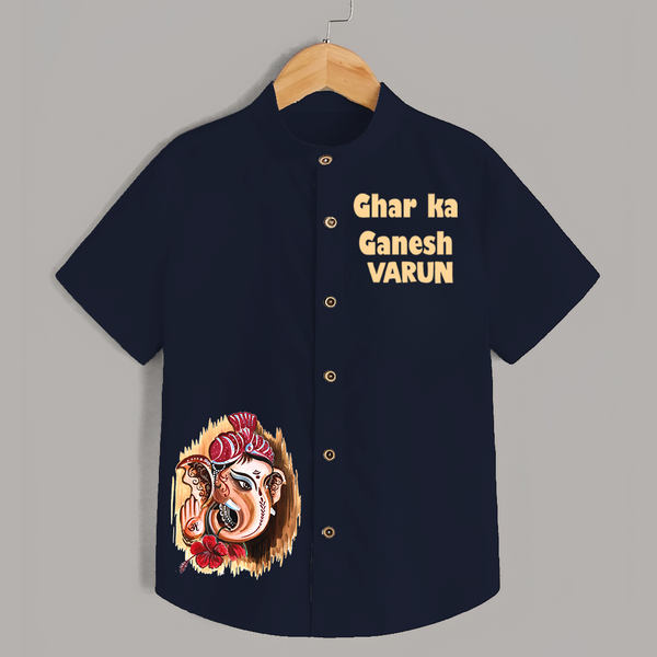 Ghar Ka Ganesh Artistic Blessings Printed Kids Shirt - NAVY BLUE - 0 - 6 Months Old (Chest 23")