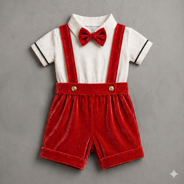 Ruby Red Velvet Suspender Romper – Luxury Baby Occasion Wear