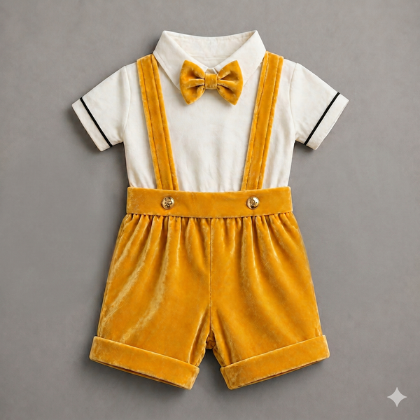 Sunshine Velvet Suspender Romper – Elegant Party Wear for Baby Boys