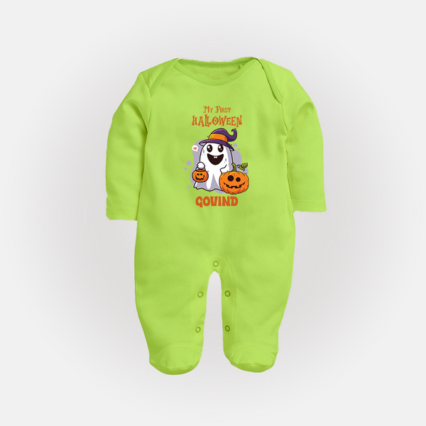 My First Halloween Ghost Print Baby Full Body Suit  - LIME GREEN - New Born (Chest 7.5")