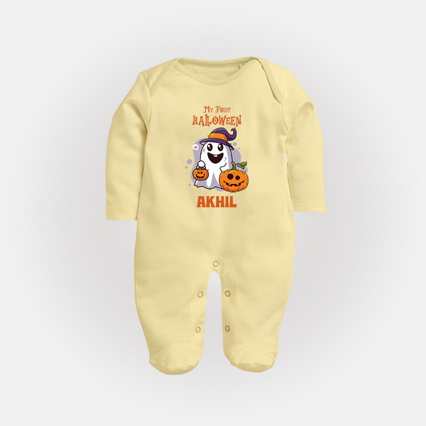 My First Halloween Sleep Suit | Personalized Baby Festival Outfit - PASTEL YELLOW - New Born (Chest 7.5")