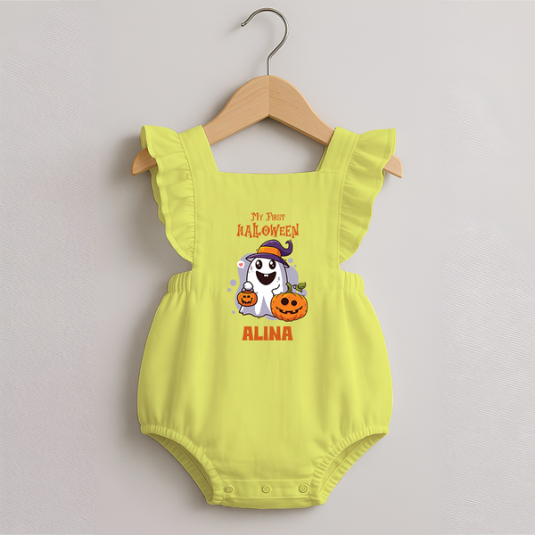 My First Halloween Romper Frock | Personalized Baby Festival Outfit - PASTEL YELLOW - 0 - 3 Months Old (Chest 19")