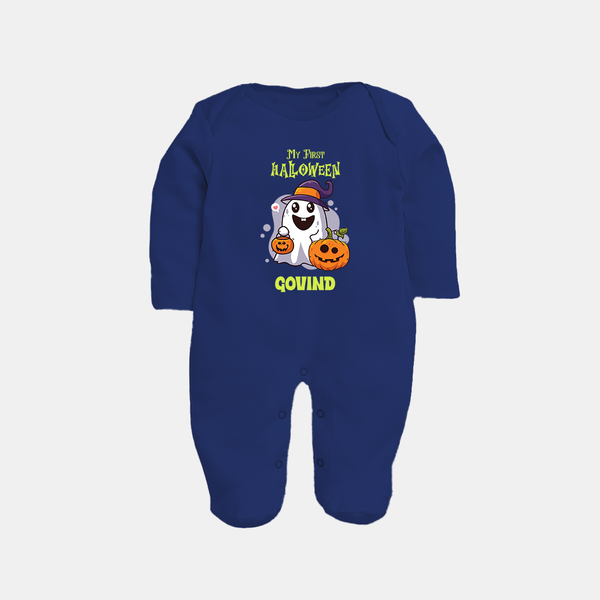 My First Halloween Ghost Print Baby Full Body Suit  - NAVY BLUE - New Born (Chest 7.5")